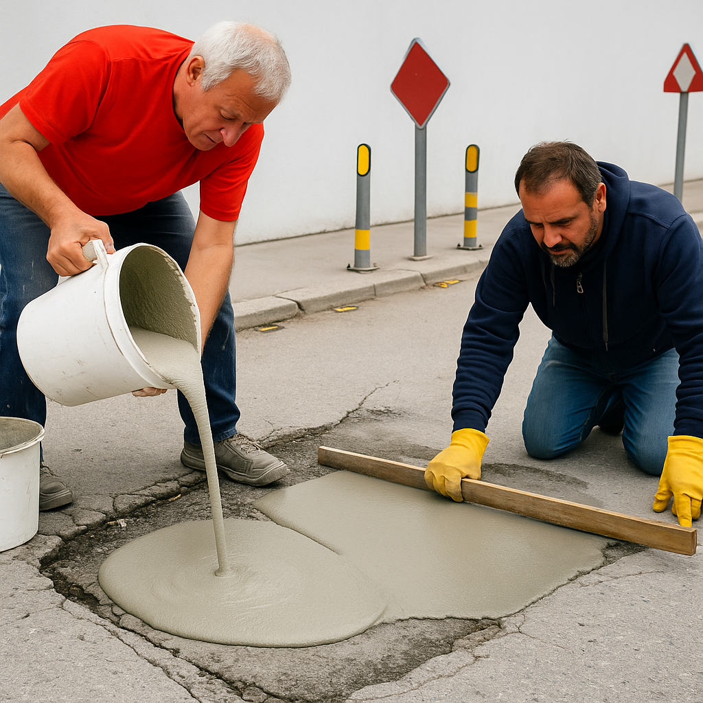 Zemin mortar harcıyla yüzey onarımı yapan iki saha çalışanı – Boydur M12 uygulaması