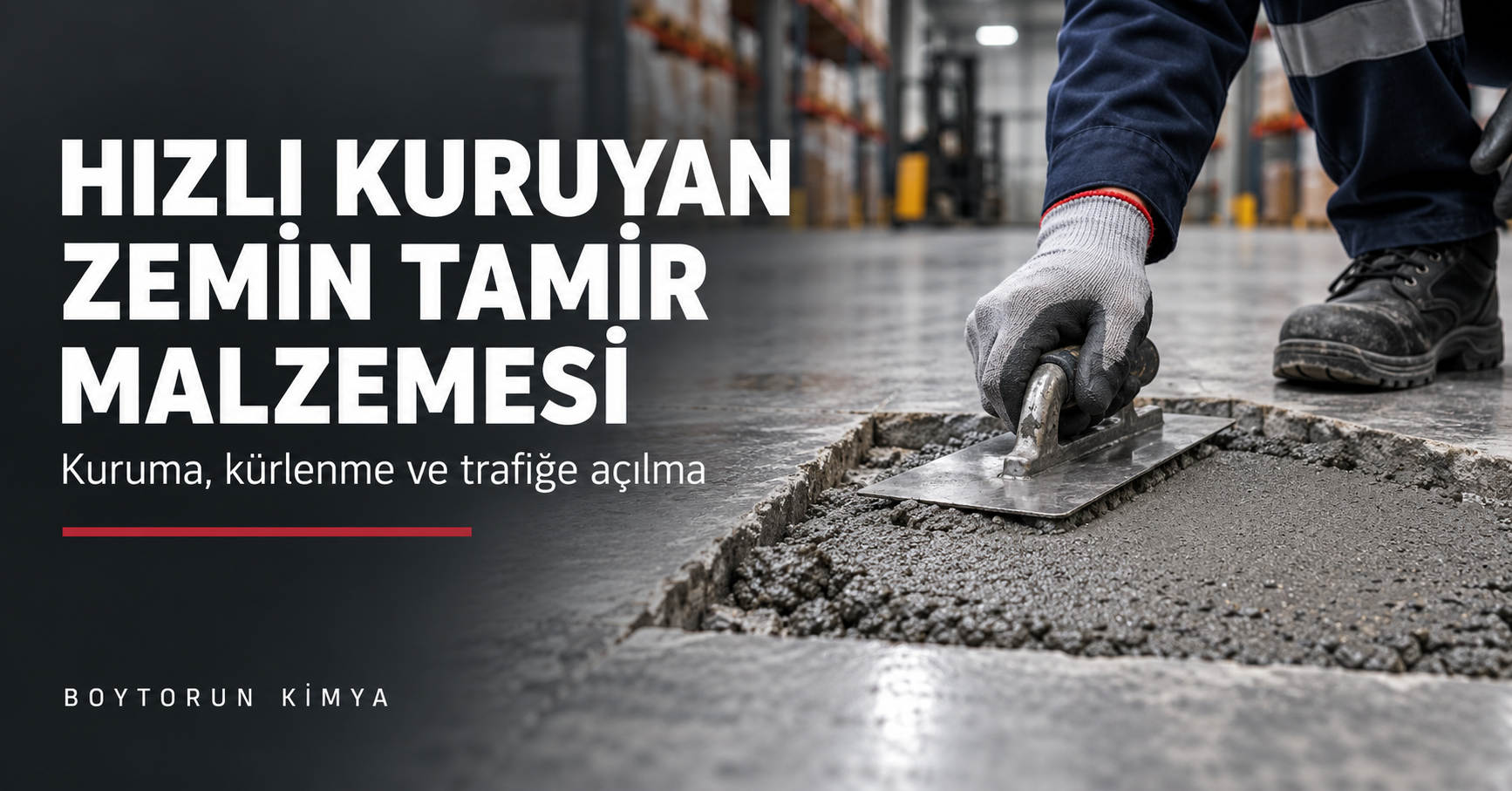 Hızlı kuruyan zemin tamir malzemesinin beton zemine mala ile uygulanmasını gösteren temsili görsel.