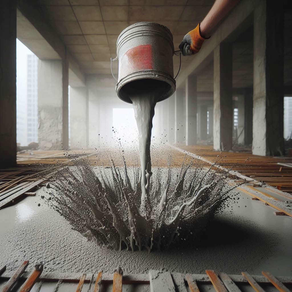 Bir inşaat sahasında el ile dökülen metil metakrilat harcı, yüzeyde sıçrama etkisiyle yayılıyor – Boydur M12 uygulama anı.