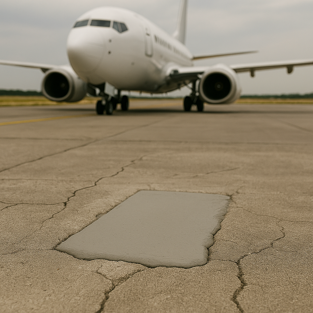 Bir apron zemininde MMA esaslı zemin tamiri yapılmış alanın önünde yolcu uçağı görüntüsü.