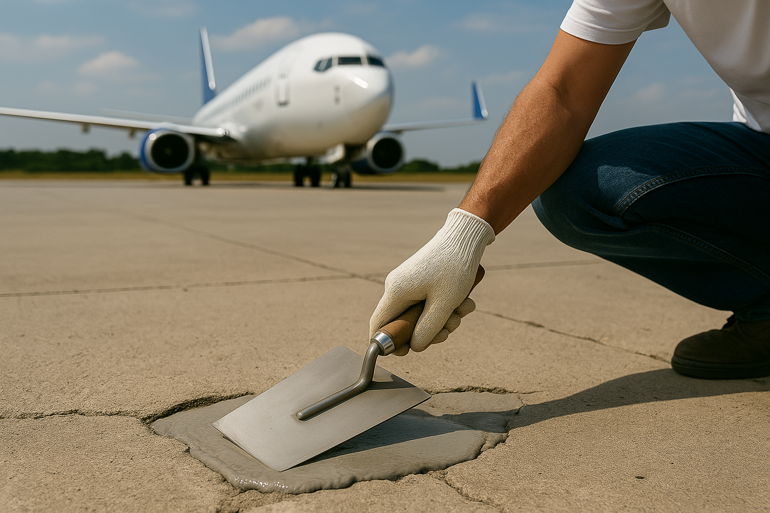 Uçak pistinde apron zemini tamiri yapan işçi, MMA esaslı harç uygulaması sırasında.