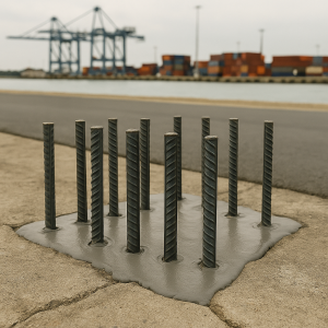 Liman sahasında beton zemin üzerine ankraj demirlerinin MMA bazlı Boydur® M12 / Akribeton ile sabitlenmiş hali.