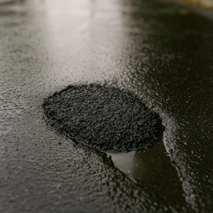 ağmur sonrası ıslak asfalt zemindeki çukur, Vialit Rephalt® ile tamir edilmiş şekilde görünüyor.