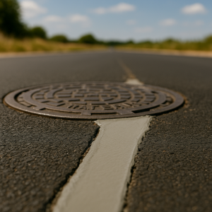 ögar kapağı çevresindeki asfalt derz tamiri Malta Rapid Pro ürünüyle onarılmış olarak görüntüleniyor.