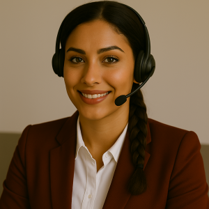 Profesyonel müşteri temsilcisi, koyu saçlı ve renkli gözlü genç bir kadın, kulaklıkla gülümsüyor.