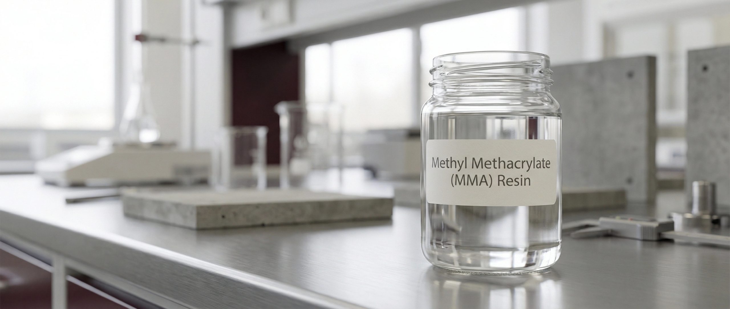 Laboratuvarda cam kap içinde MMA reçine numunesi — Boytorun Kimya Ar-Ge