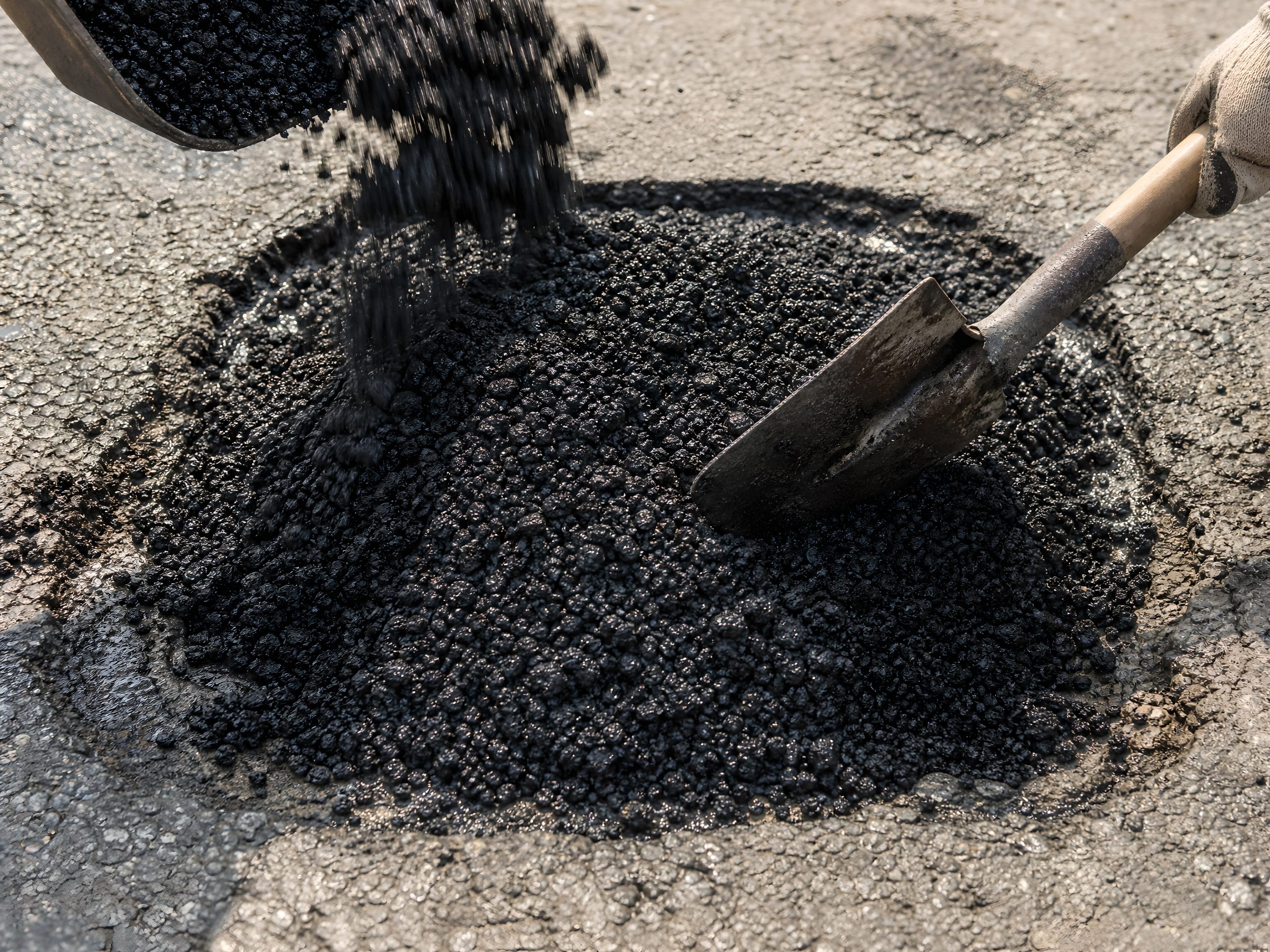 EcoAsphalt® soğuk asfalt karışımının çukura dökülmesi ve düzeltilmesi