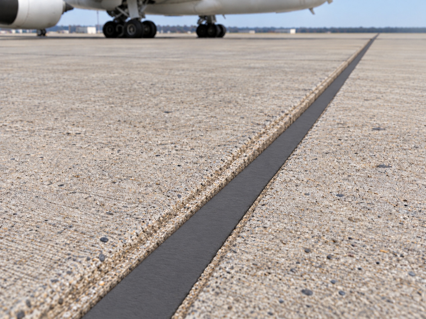 Apron betonunda tamamlanmış ve kürlenmiş kesintisiz gri derz dolgusu