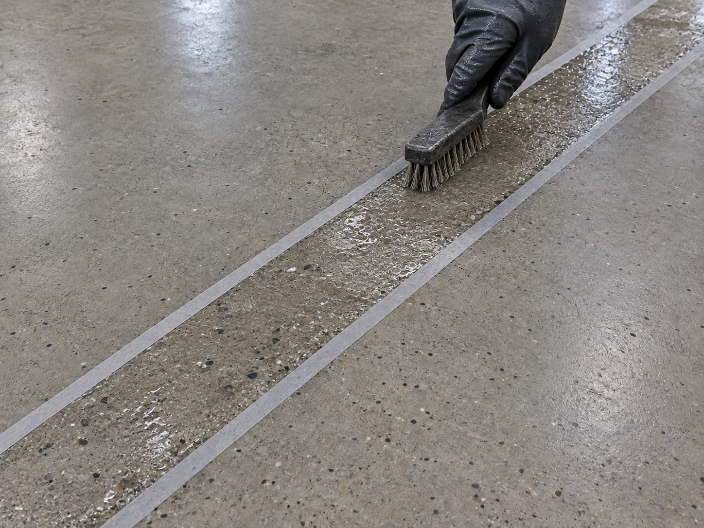 Boyanın uygulanacağı dar beton şeridine fırçayla şeffaf FA yüzey hazırlığı çözeltisi uygulanması