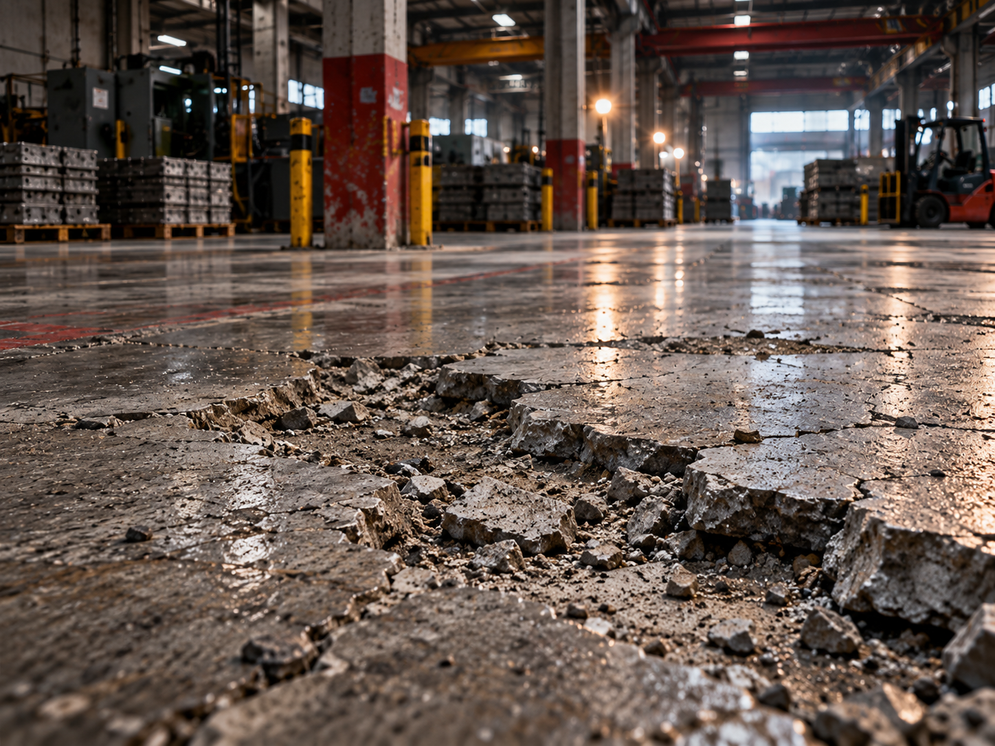 Fabrika beton zemininde çukur ve kırılmış yüzeyin temsili görünümü