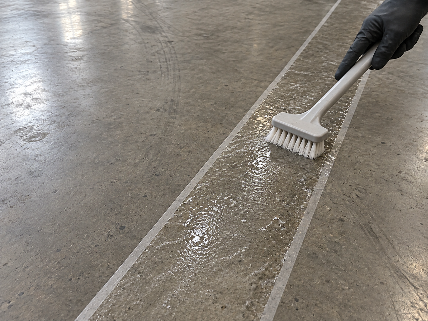 Yalnızca yol çizgisi uygulanacak dar beton şeridinde şeffaf yüzey hazırlama işlemi