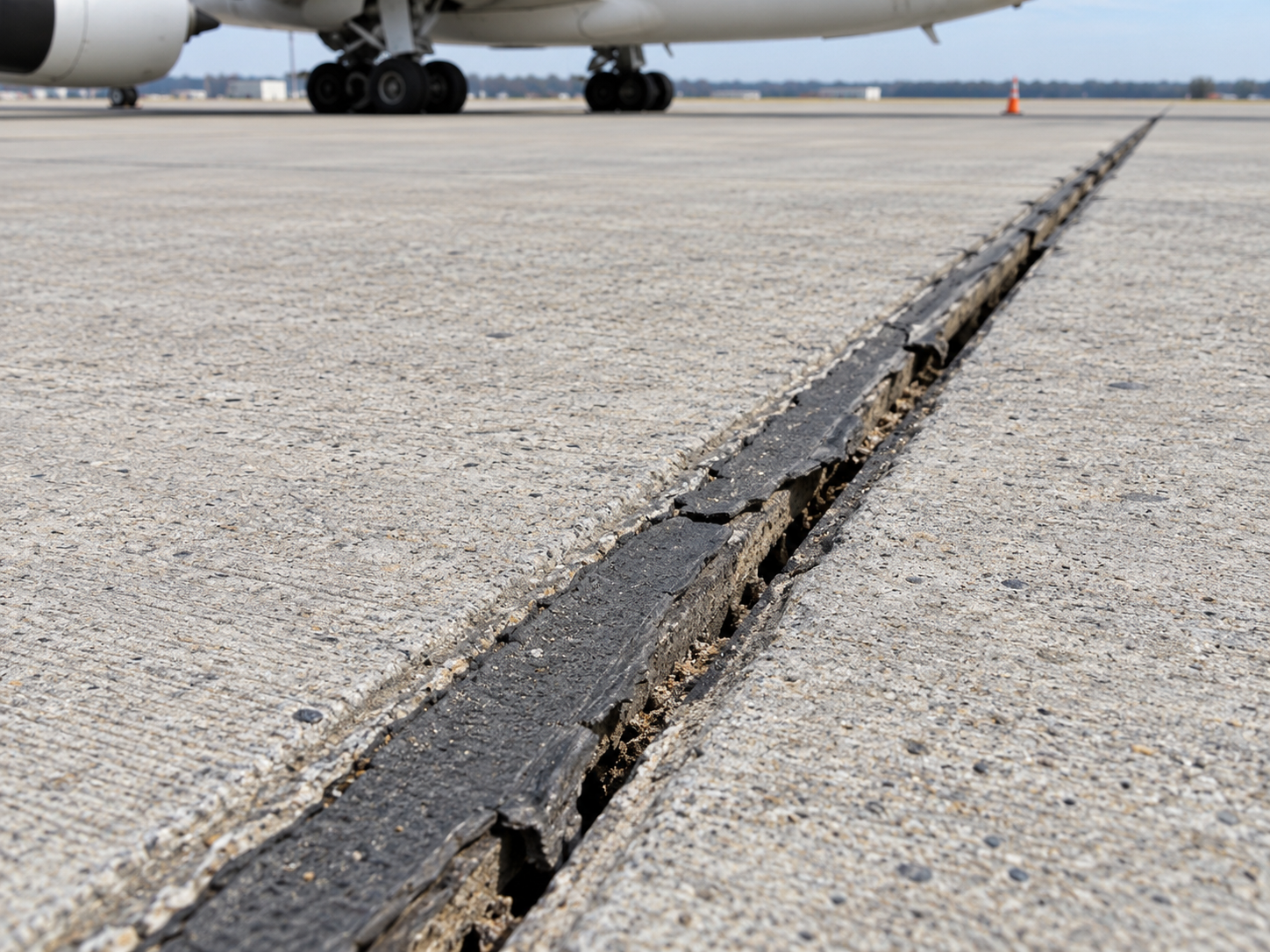 Havaalanı beton apronunda kopmuş ve boşalmış eski derz dolgusu