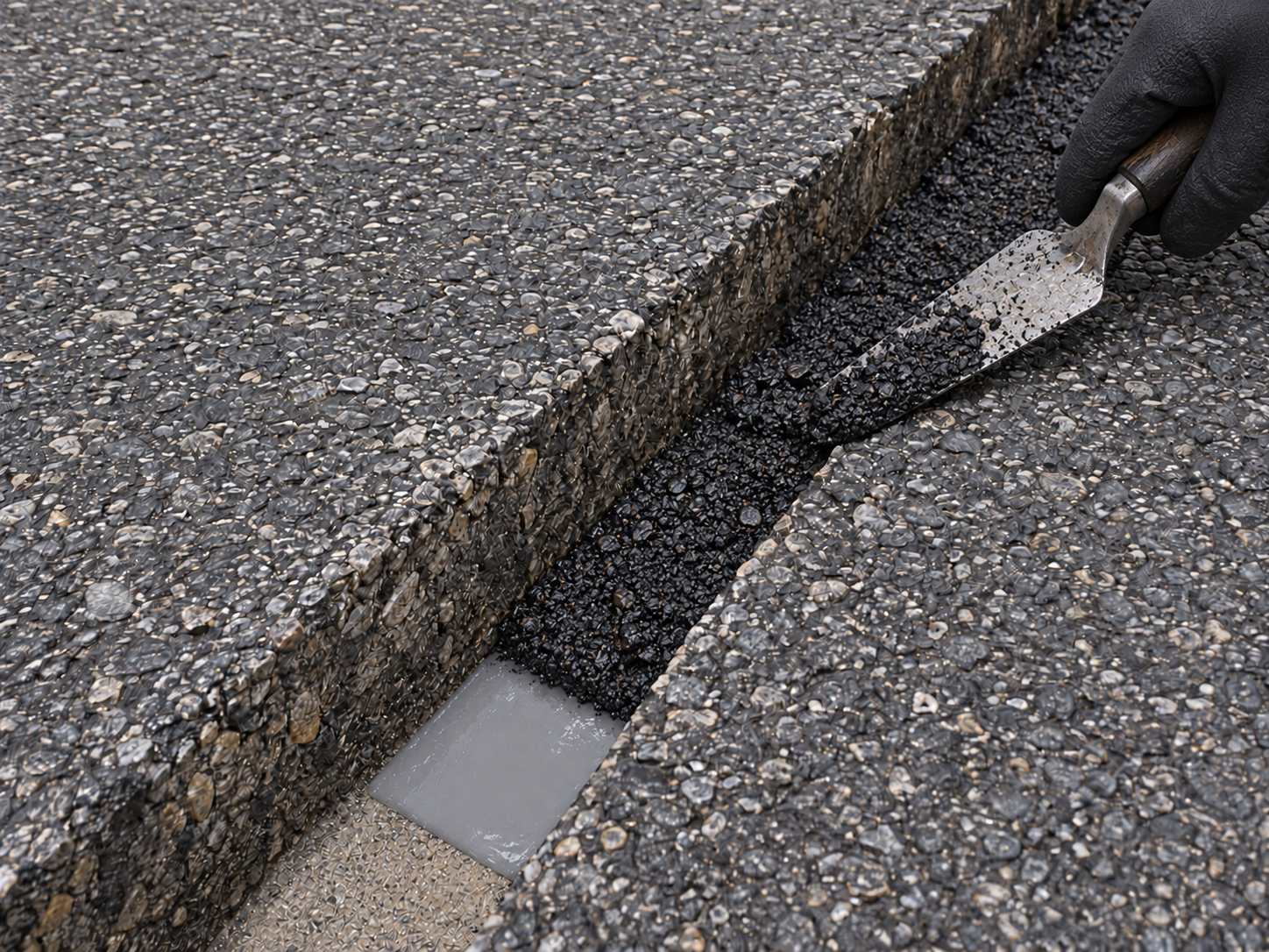 Kabloyu çevreleyen gri Akrigum katmanının üzerine siyah Eco Asphalt üst dolgusu yerleştirilmesi