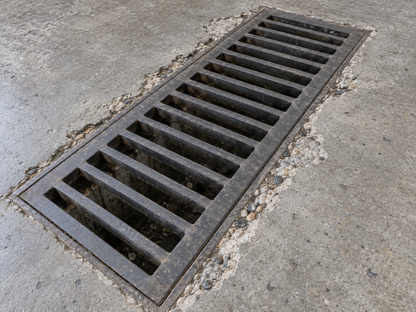 Drenaj ızgarasının iki uzun kenarında kırılmış ve boşalmış beton