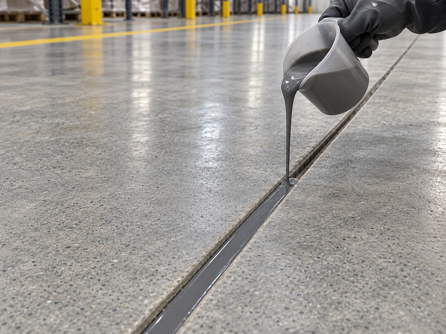 Fabrika beton zemininde temizlenmiş dar derze kontrollü esnek dolgu dökülmesi