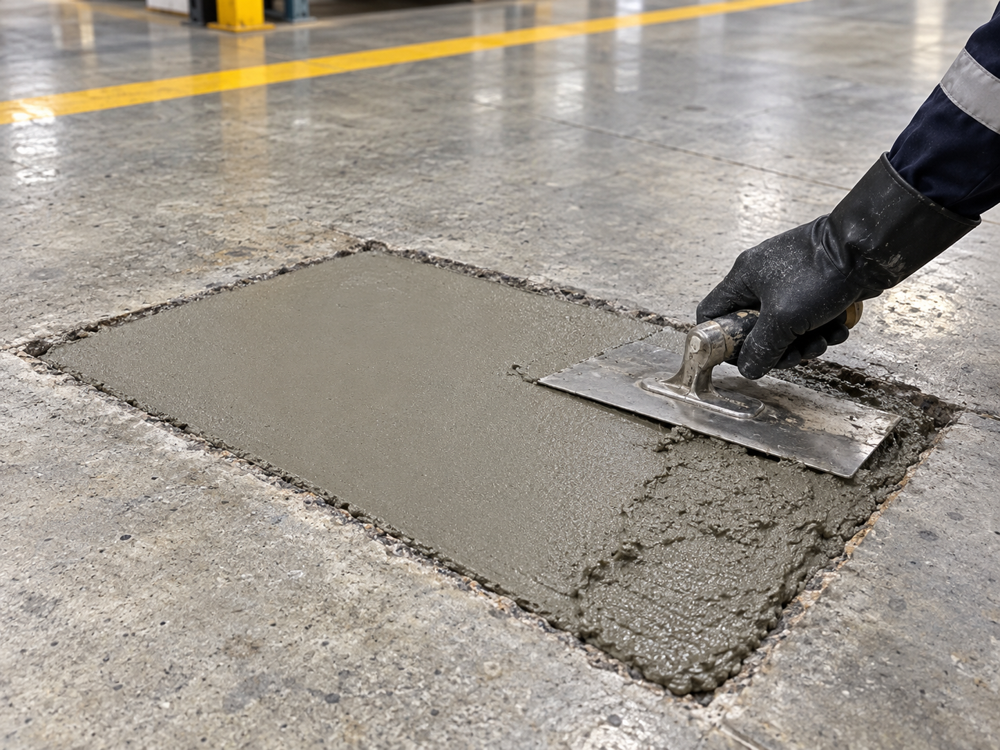 Fabrika beton zeminindeki lokal tamir alanına mala ile MMA harcı uygulanması